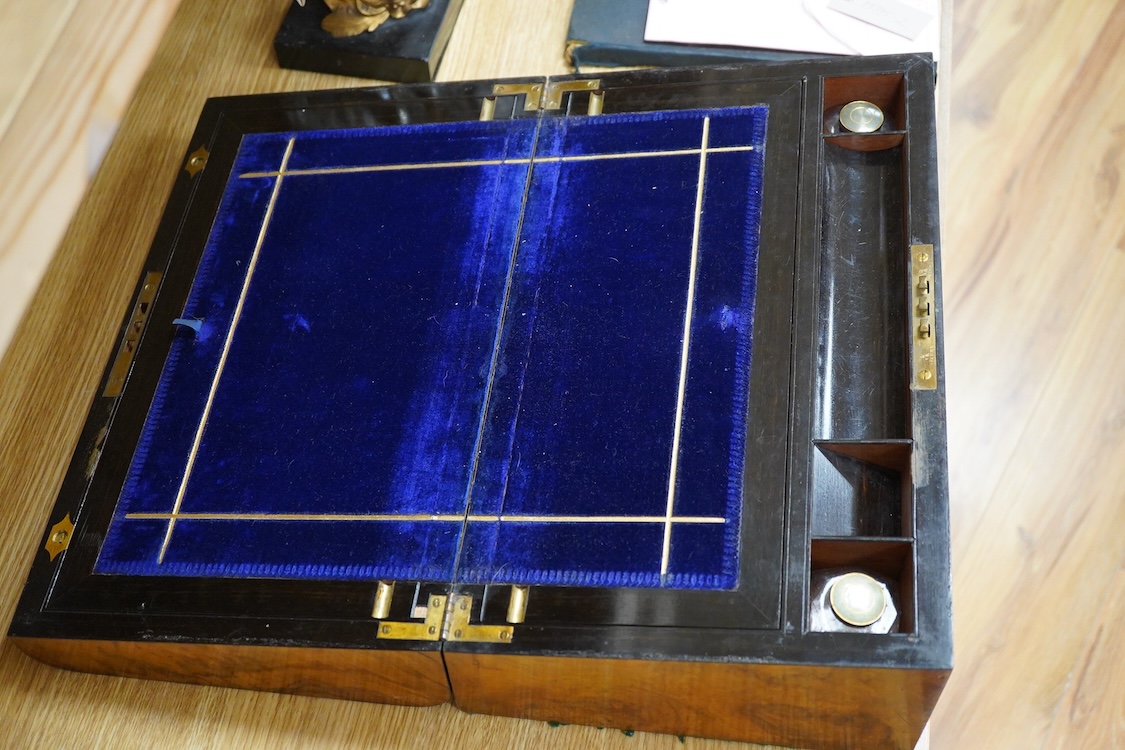 A large Victorian burr walnut writing box with gilt metal mounts and banding, 40cm wide